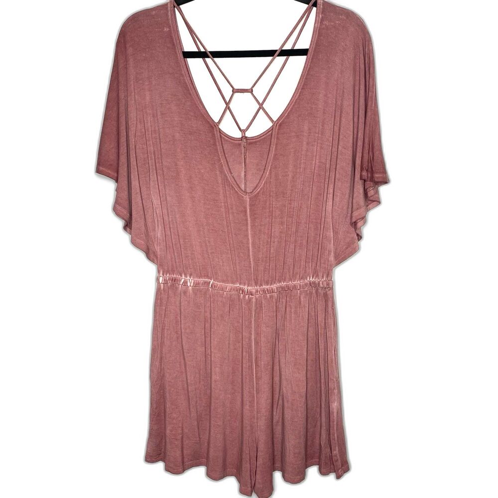 American Eagle Strappy Romper Womens M Scoop Neck Flutter Sleeve Stretch Pink